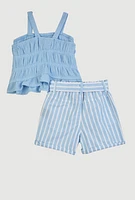 Little Girls Gauze Knit Smocked Sleeveless Top and Shorts, Blue, Size 6X