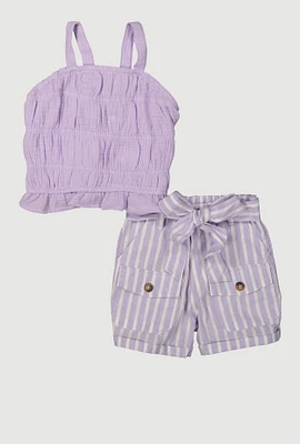 Little Girls Gauze Knit Smocked Sleeveless Top and Shorts, Purple,