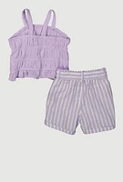 Little Girls Gauze Knit Smocked Sleeveless Top and Shorts, Purple,