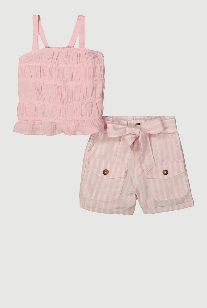 Little Girls Gauze Knit Smocked Sleeveless Top and Shorts, Pink, Size 6X