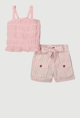 Little Girls Gauze Knit Smocked Sleeveless Top and Shorts, Pink, Size 6X