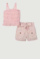 Little Girls Gauze Knit Smocked Sleeveless Top and Shorts, Pink, Size 6X