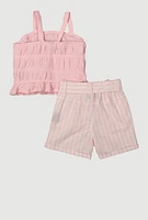 Little Girls Gauze Knit Smocked Sleeveless Top and Shorts, Pink, Size 6X