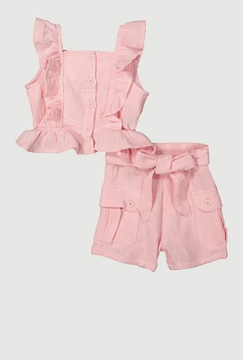 Little Girls Sleeveless Ruffle Button Front Top and Shorts, Pink, Size 5-6