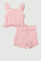 Little Girls Sleeveless Ruffle Button Front Top and Shorts, Pink, Size 5-6