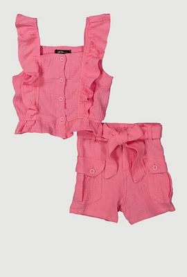 Little Girls Sleeveless Ruffle Button Front Top and Shorts, Pink, Size 6X