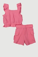 Little Girls Sleeveless Ruffle Button Front Top and Shorts, Pink, Size 6X