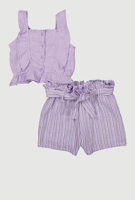 Little Girls Gauze Knit Tank Top and Striped Shorts, Purple, Size 4