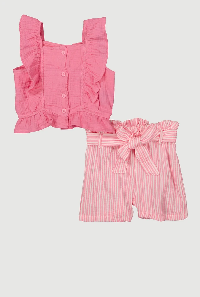 Little Girls Gauze Knit Tank Top and Striped Shorts, 5-6