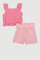 Little Girls Gauze Knit Tank Top and Striped Shorts, Pink, Size 5-6
