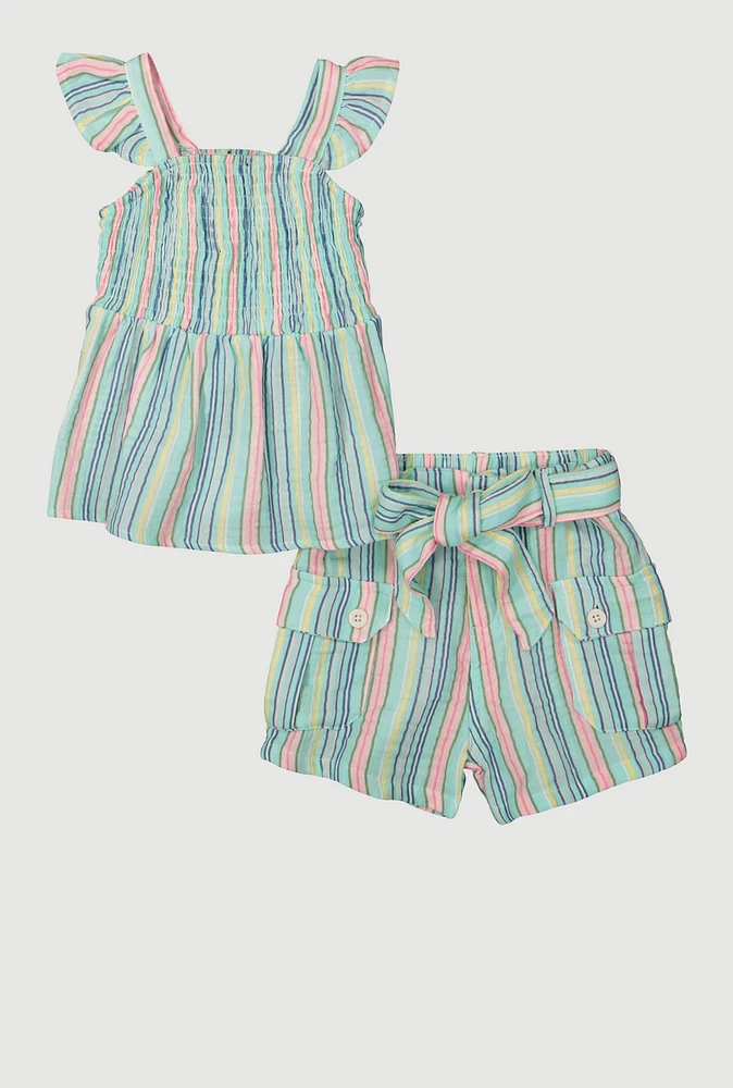 Little Girls Striped Babydoll Top and Cargo Shorts, Multi, Size 6X