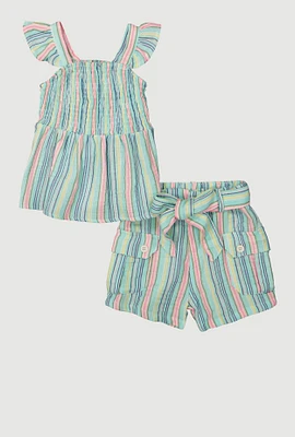 Little Girls Striped Babydoll Top and Cargo Shorts, Multi, Size 6X