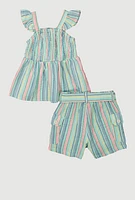 Little Girls Striped Babydoll Top and Cargo Shorts, Multi, Size 6X