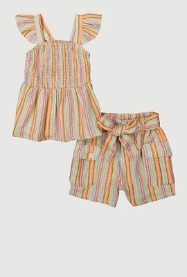 Little Girls Striped Babydoll Top and Cargo Shorts, Multi, Size 5-6