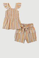 Little Girls Striped Babydoll Top and Cargo Shorts, Multi, Size 5-6