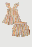 Little Girls Striped Babydoll Top and Cargo Shorts, Multi, Size 5-6