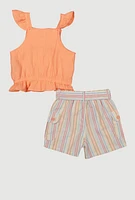 Little Girls Gauze Knit Sleeveless Top and Stripe Shorts, Orange, Size 6X