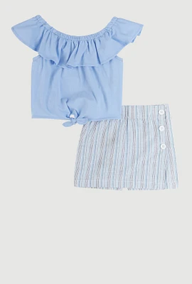 Little Girls Off the Shoulder Top and Striped Skort, Blue, Size 6X