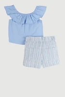 Little Girls Off the Shoulder Top and Striped Skort, Blue, Size 6X
