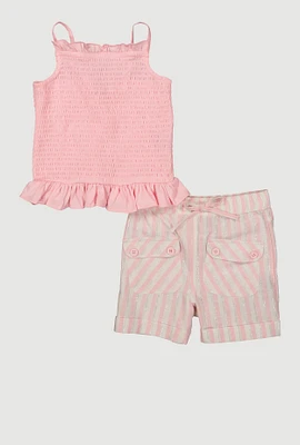 Little Girls Smocked Cami with Striped Shorts, Pink, Size 6X