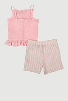 Little Girls Smocked Cami with Striped Shorts, Pink, Size 6X