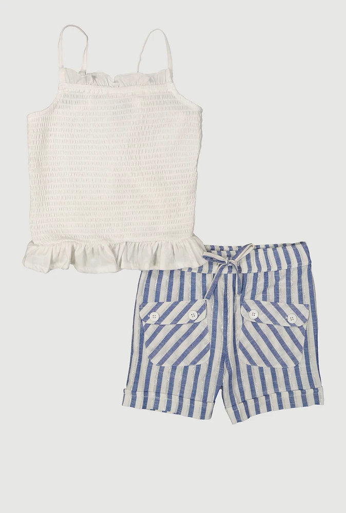 Little Girls Smocked Cami with Striped Shorts, Blue, Size 4