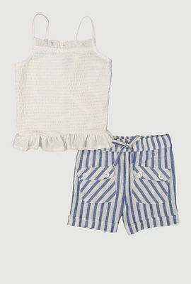 Little Girls Smocked Cami with Striped Shorts, Blue, Size 4