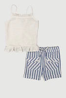Little Girls Smocked Cami with Striped Shorts, Blue, Size 4