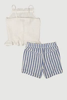 Little Girls Smocked Cami with Striped Shorts, Blue, Size 4