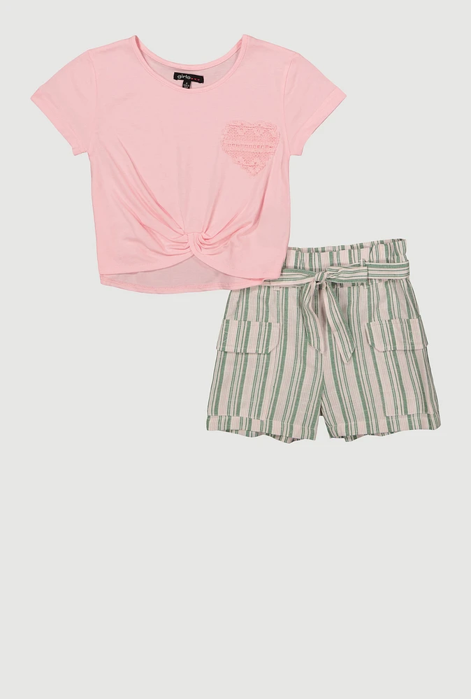 Little Girls Heart Knot Front Tee and Striped Cargo Shorts, Multi, Size 5-6