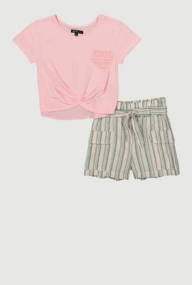 Little Girls Heart Knot Front Tee and Striped Cargo Shorts, Multi, Size 5-6
