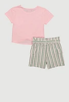 Little Girls Heart Knot Front Tee and Striped Cargo Shorts, Multi, Size 5-6