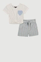 Little Girls Heart Knot Front Tee and Striped Cargo Shorts, Multi,