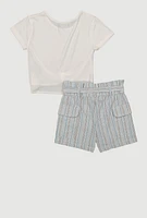 Little Girls Heart Knot Front Tee and Striped Cargo Shorts, Multi,
