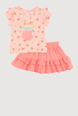Little Girls Sweet Fruit Graphic Print Top and Skort, Orange, Size 5-6