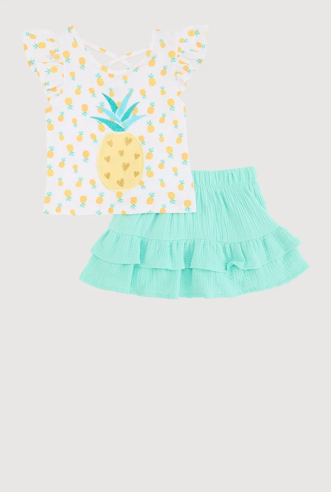 Little Girls Pineapple Graphic Print Top and Skort, Multi, Size 6X