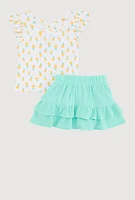 Little Girls Pineapple Graphic Print Top and Skort, Multi, Size 6X
