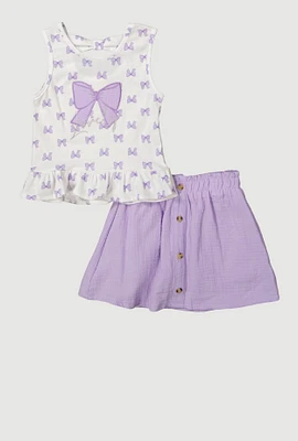 Little Girls Bow Print Peplum Top and Skort, Purple, Size 6X