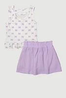 Little Girls Bow Print Peplum Top and Skort, Purple, Size 4