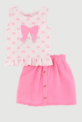 Little Girls Bow Print Peplum Top and Skort, Pink, Size 4