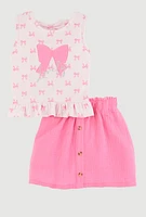 Little Girls Bow Print Peplum Top and Skort, Pink, Size 4