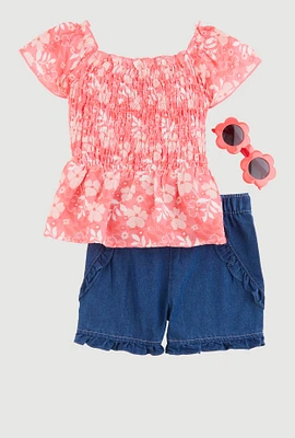 Little Girls Floral Print Smocked Top and Shorts Set, Multi, Size 5-6