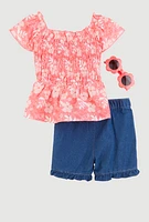 Little Girls Floral Print Smocked Top and Shorts Set, Multi, Size 5-6