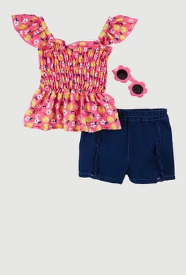 Little Girls Lemon Floral Print Top and Shorts Set, Pink, Size 6X