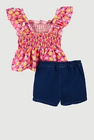 Little Girls Lemon Floral Print Top and Shorts Set, Pink, Size 4