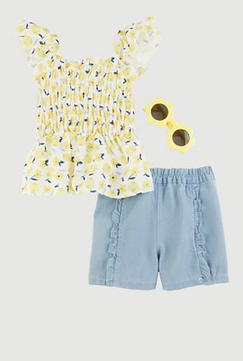 Little Girls Lemon Floral Print Top and Shorts Set, Multi, Size 5-6