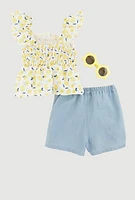 Little Girls Lemon Floral Print Top and Shorts Set, Multi, Size 5-6