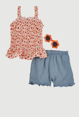 Little Girls Daisy Print Smocked Top and Shorts Set, Multi, Size 5-6