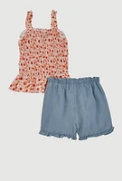 Little Girls Daisy Print Smocked Top and Shorts Set, Multi, Size 5-6