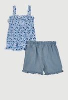 Little Girls Daisy Print Smocked Top and Shorts Set,